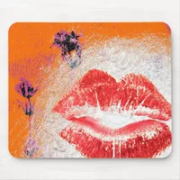 Lips on Orange Background Purple Flowers Mouse Pad