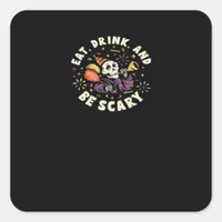 Spooky Skeleton Celebrating Halloween Eat Drink Square Sticker