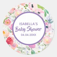 Baby Shower watercolored florals pink white name Classic Round Sticker