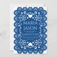 Papel Picado Blue White Folk Art Spanish Wedding Invitation