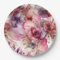 Pink and Purple Flowers Alcohol Ink Style Paper Plates