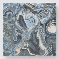 Blue, White and Gold Swirls Fluid Art   Stone Coaster