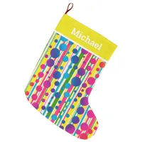 [Beatnik Bubbles] Retro Polka Dot Striped Yellow Large Christmas Stocking