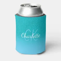 Teal blue glitter aqua sea green monogram  can cooler