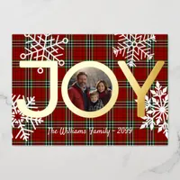 JOY family photo red plaid white snowflakes Foil Holiday Card