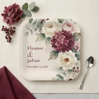 Watercolor Burgundy Hydrangea Cream Peony Wedding Paper Plates