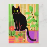 A Black Cat With Houseplants Plaid Chair Postcard