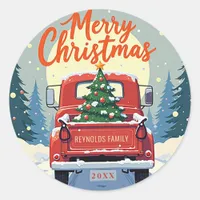 Red Truck Merry Christmas Round Sticker