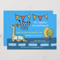 Dino Car Dinosaur Blue Yellow Boys Birthday Party Invitation