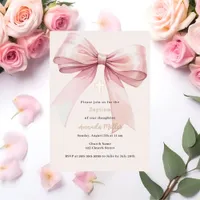 Pink bow cream girl Baptism rose gold Foil Invitation