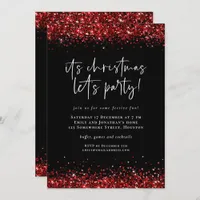 Glam Red Glitter Borders Lets Party Christmas  Invitation