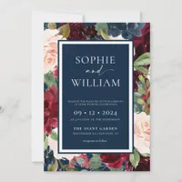 Floral Navy Burgundy Blush Wedding Invitation