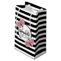 60th birthday pink roses black white stripes small gift bag