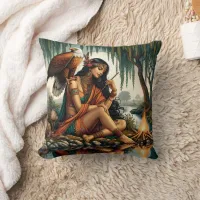 Native American Woman Sitting by River With Eagle Throw Pillow