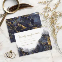 Marble Glitter Wedding Navy Blue Gold ID644 RSVP Card