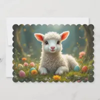 Cute little Easter lamb, forest, Easter eggs Holiday Card