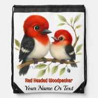 Feisty Red-headed Woodpecker Drawstring Bag