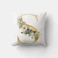 Watercolor Blue Florals Golden Letter S Throw Pillow