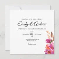 Pink Violet Floral Watercolor Square Wedding Invitation