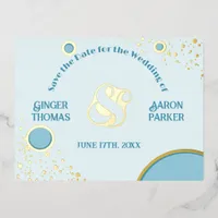 Retro Vintage Ampersand Blue Circles Wedding Gold Foil Invitation Postcard