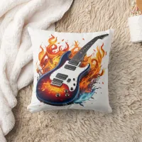 Vibrant guitar surrounded by flames at twilight throw pillow