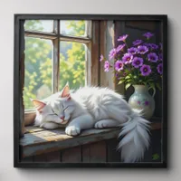Napping White Cat and Purple Flowers  Peel And Stick Photo Tile