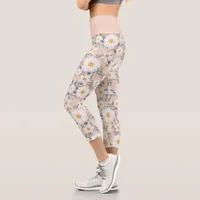 Cute Peach And White Floral Daisy Capri Leggings