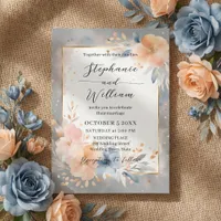 Dusty Blue Peach Watercolor Floral Gold Wedding Invitation