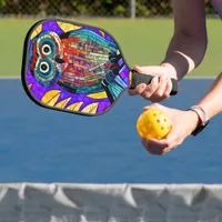 Colorful Whimsical Mosaic Owl Art Pickleball Paddle