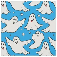 Happy Ghosts Halloween Pattern on Blue Fabric