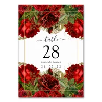 Burgundy Red and Gold Vintage Roses Quinceañera Table Number