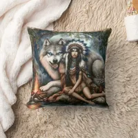 Native American Woman Sitting By A Wolf Fireside Throw Pillow