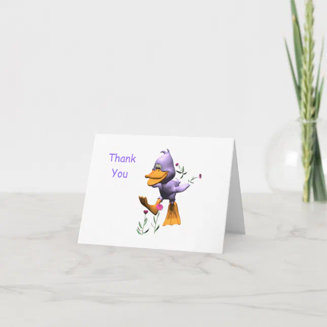 Cute Happy Cartoon Duck Running Through Flowers Thank You Card