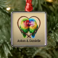 Cute Lovebirds Cuddling in a Heart Shaped Bough Metal Ornament