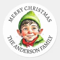 Merry Christmas | Vintage Little Boy Elf Classic Round Sticker