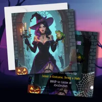 Black and Purple Witch & Frog Halloween Party Invitation