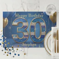 Blue Gold Glitter 30th Birthday Paper Placemat