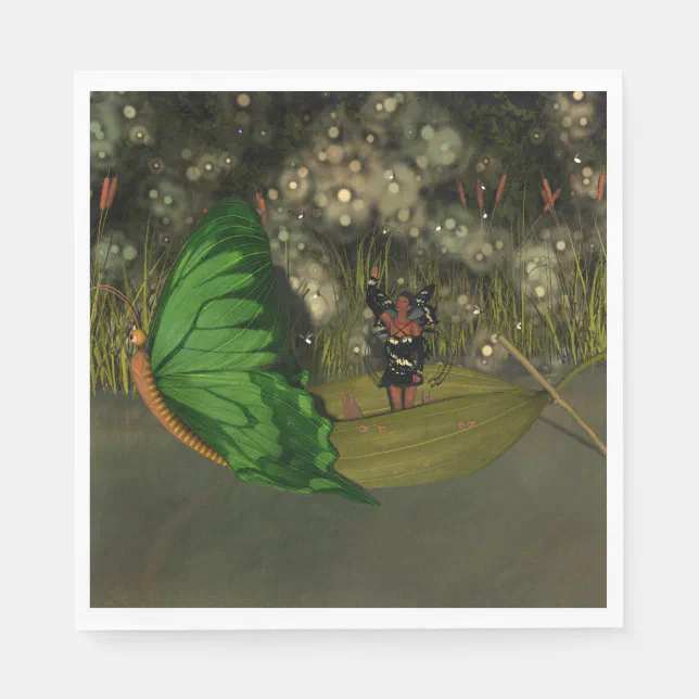 Cute Fairy in Boat with Fireflies