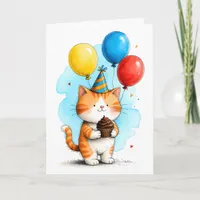 Cute Orange Cat with Cupcake Kid's Happy Birthday Card