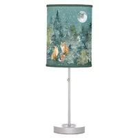 Fox Family in Forest Full Moon Snowfall Table Lamp