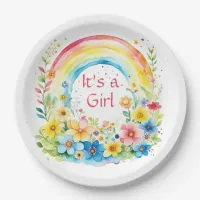 Watercolor Rainbow and Flowers It's a Girl Paper Plates