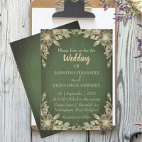 Vintage Olive Green Wood Style Gold Flower Wedding Invitation