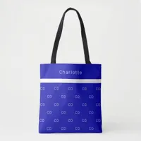 Royal blue white monogram initials pattern name tote bag