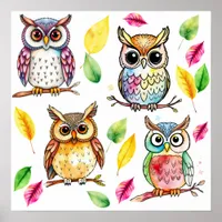 Colorful Woodland Owls and Leaves Watercolor Poster