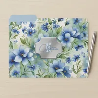 Elegant Blue Watercolor Blooms Initial and Name File Folder