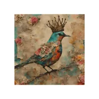 Bird in a Crown Mixed Media Collage Wood Wall Art