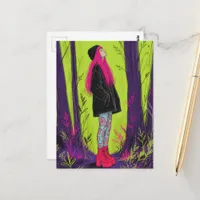 A Beautiful Woman With Neon Pink Hair in the Woods Postcard