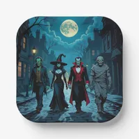 Witch, Vampire, Dracula and Mummy Halloween Party Paper Plates