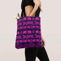 Elephant Pattern Pink Blue Ethnic Tote Bag