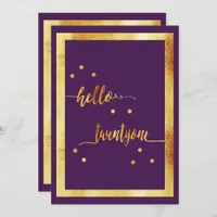 21st birthday party purple gold hello twentyone invitation